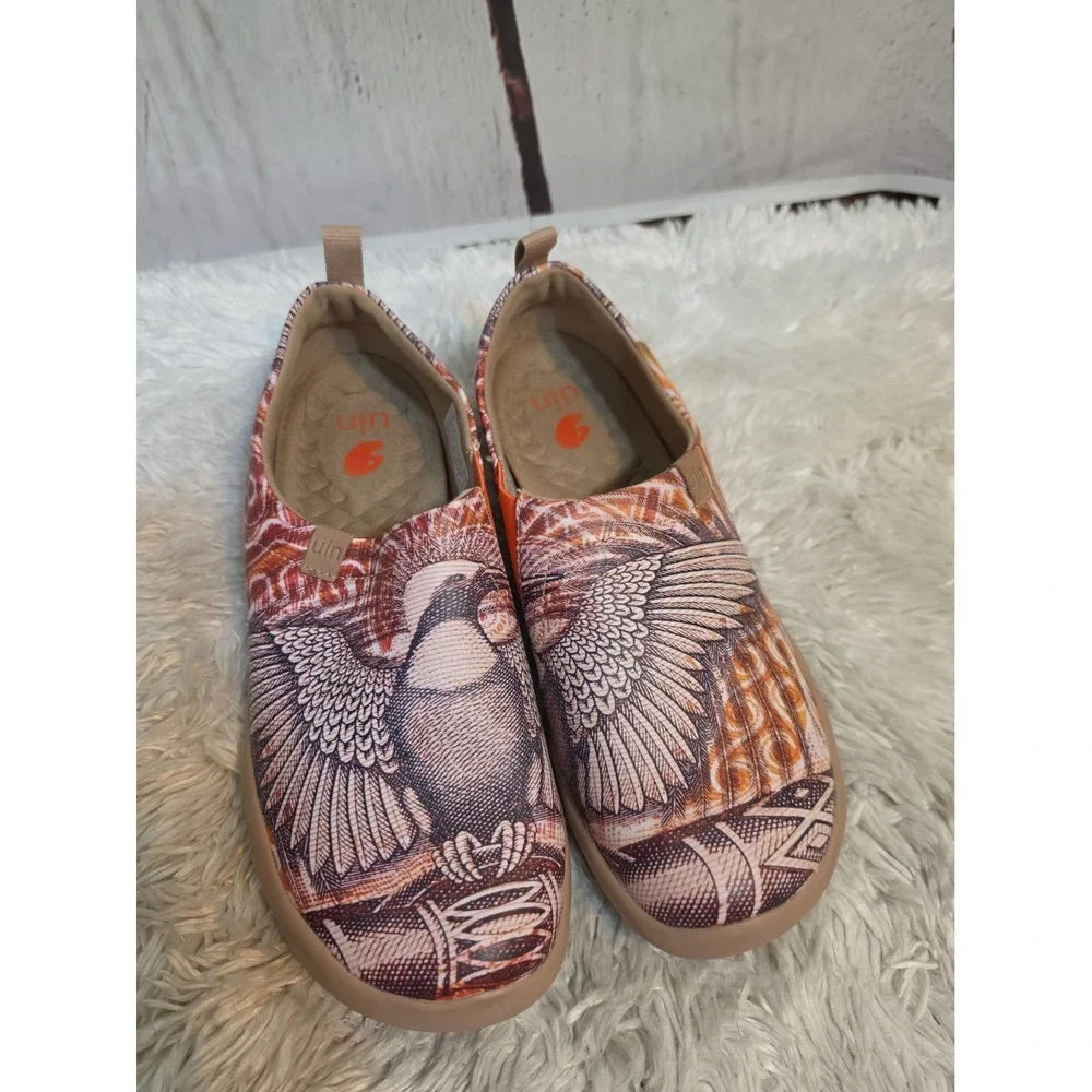 UIN Mens Art Travel Slip On Shoes Bird Print Orange Tan M1109456 Size 9.5 EU 43